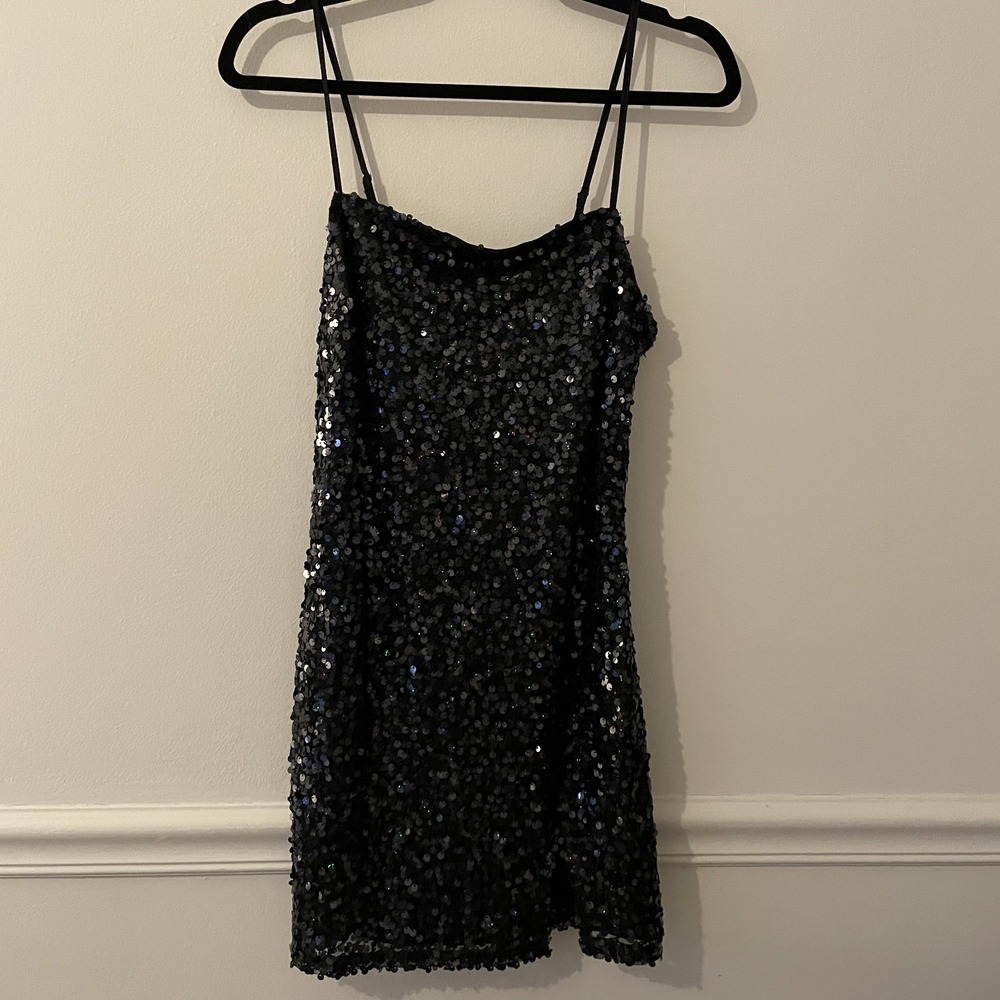 NEW Wild Fable Sequin Lace Up Back Bodycon Mini Dress Black Size M Club Cocktail